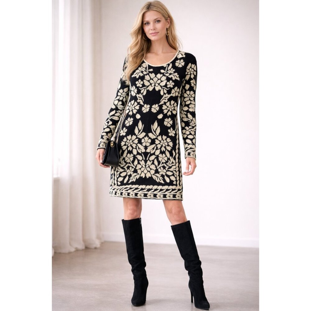 INC Black Ivory Embroidered Knit Dress Gold Sparkle Size Large